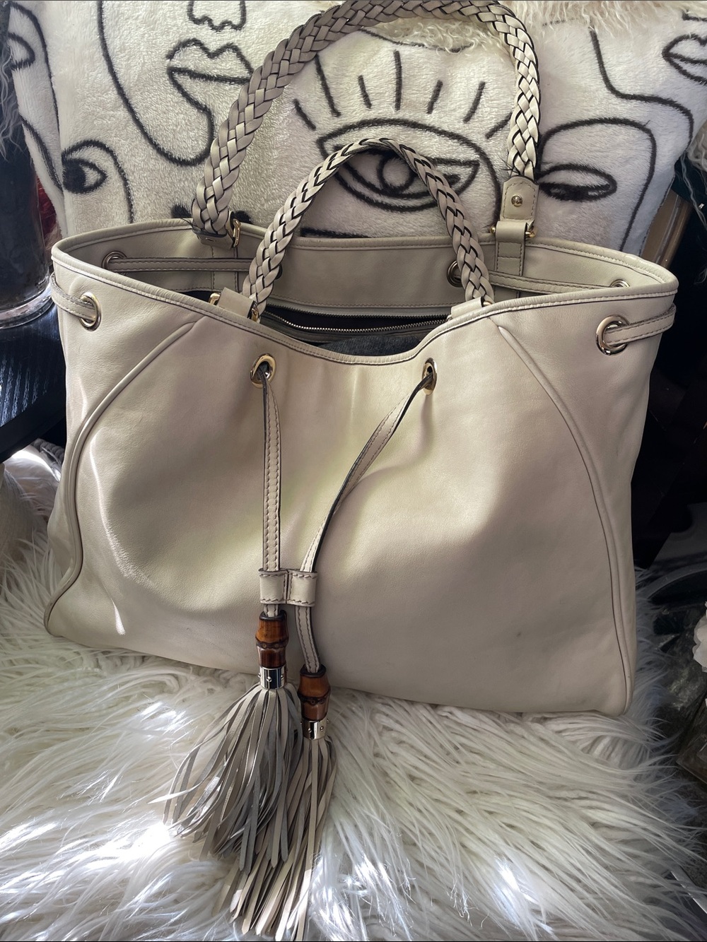 Gucci Cream Leather Tote with Braided Handles and Tassel Accents